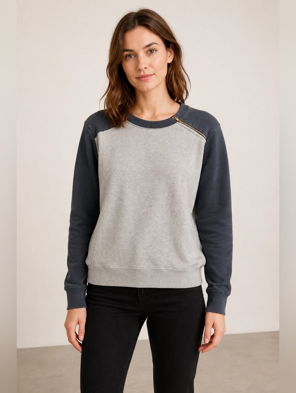 AllSaints Block Zip Colorblock Sweatshirt Gray Navy Size US 4